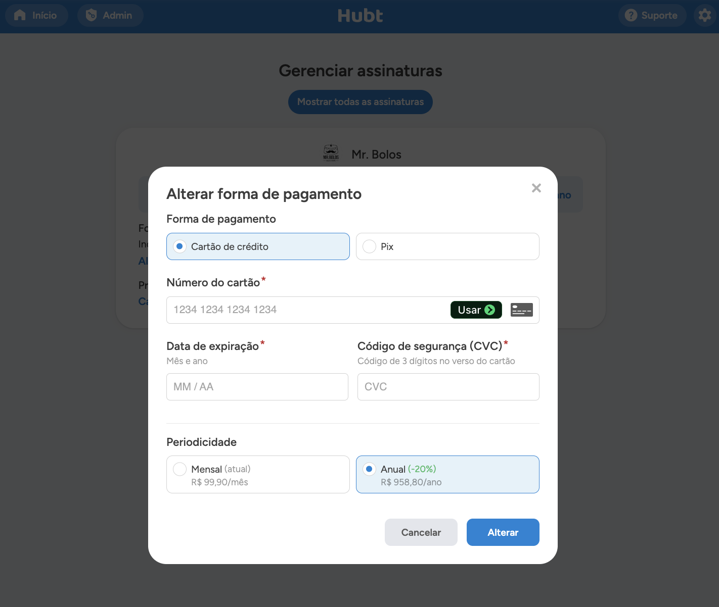 Janela Alterar forma de pagamento com cartão de crédito e Pix, os campos do cartão e a escolha entre mensal e anual