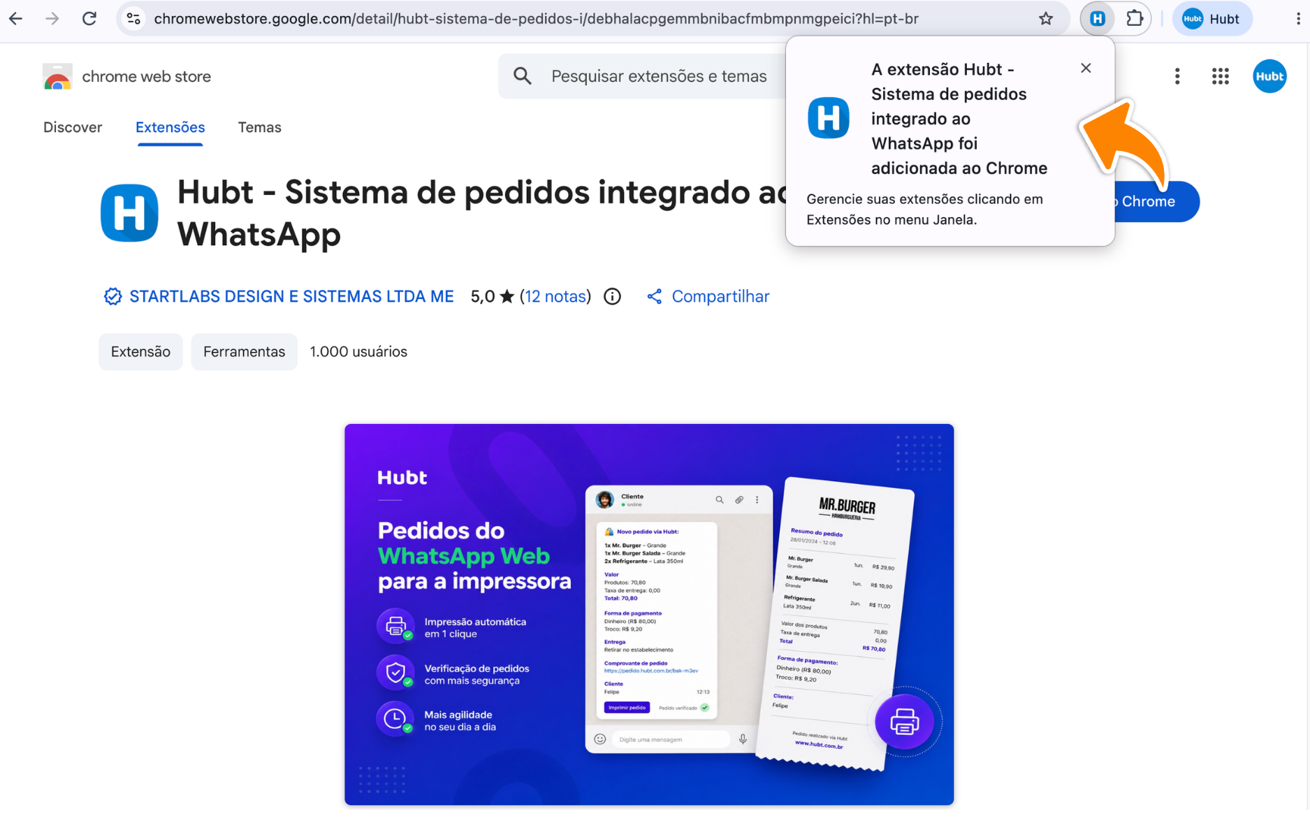 Aviso do Chrome confirmando que a extensão do Hubt foi adicionada