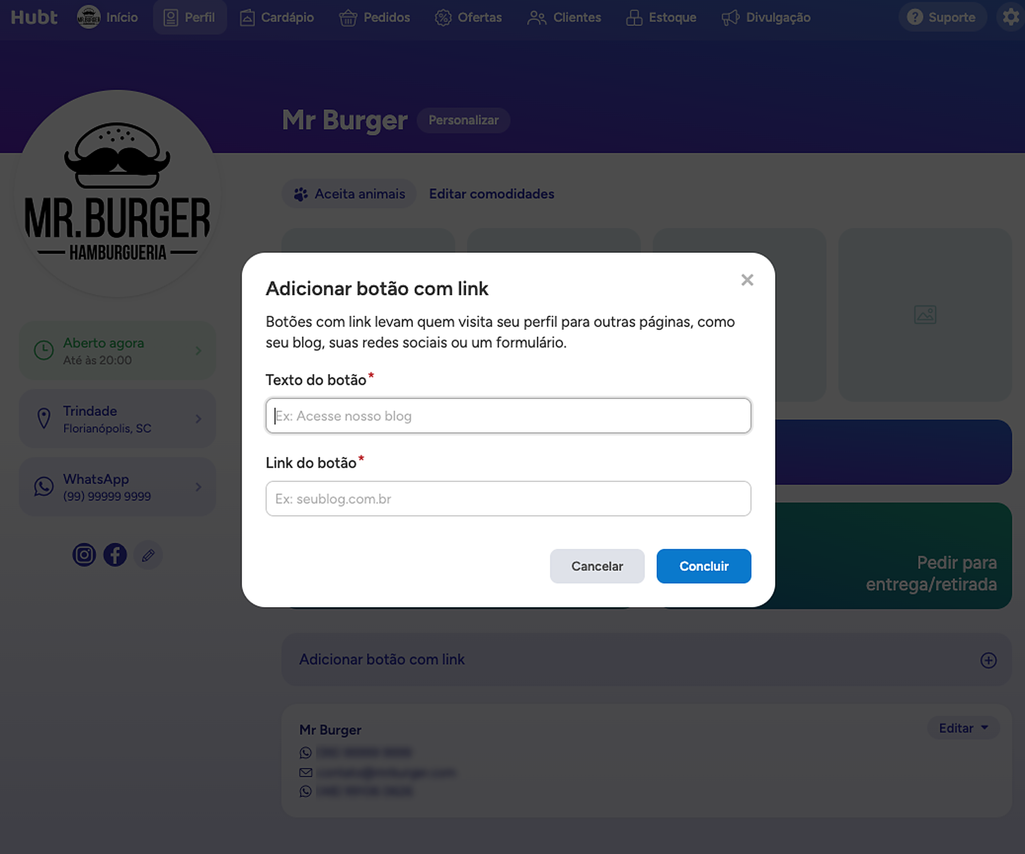Janela Adicionar botão com link aberta no Hubt, com os campos Texto do botão e Link do botão