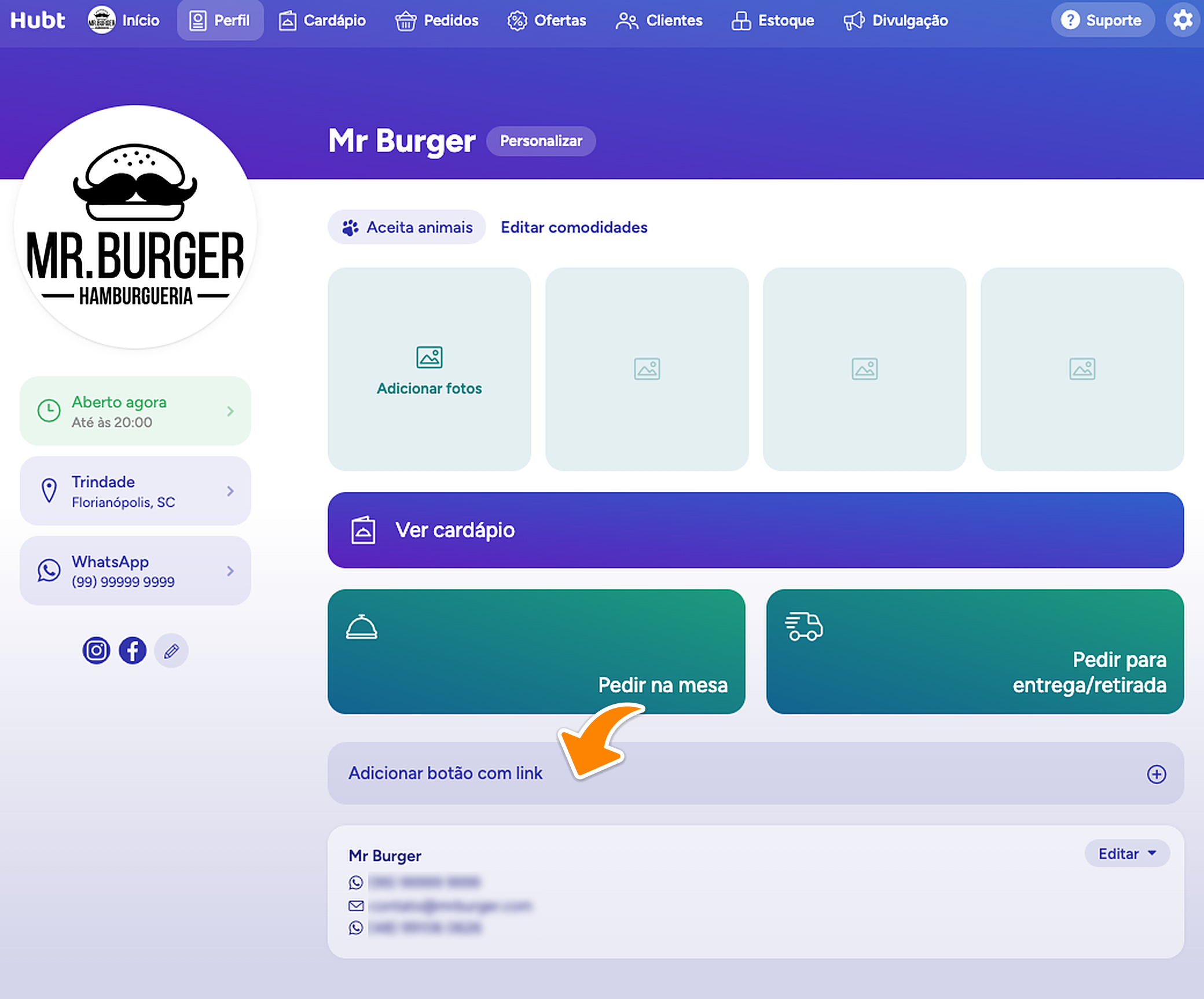 Página Perfil no painel do Hubt com a seta apontando para a linha Adicionar botão com link, no fim da página