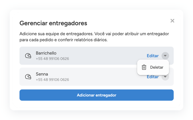 Menu da setinha de um entregador aberto, mostrando a opção Deletar