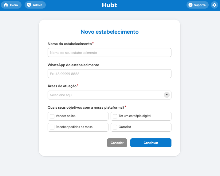 Formulário Novo estabelecimento, com nome, WhatsApp, área de atuação, os objetivos com a plataforma e o botão Continuar