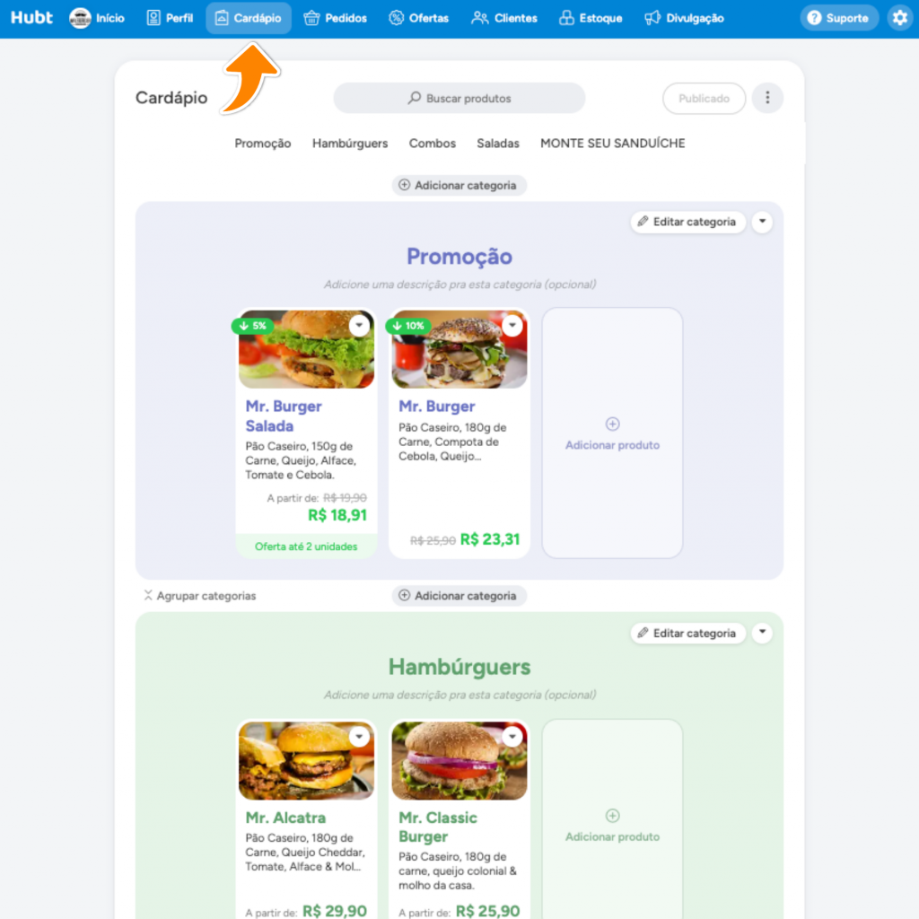 Editor de cardápio com uma seta laranja apontando para a aba Cardápio no menu de cima