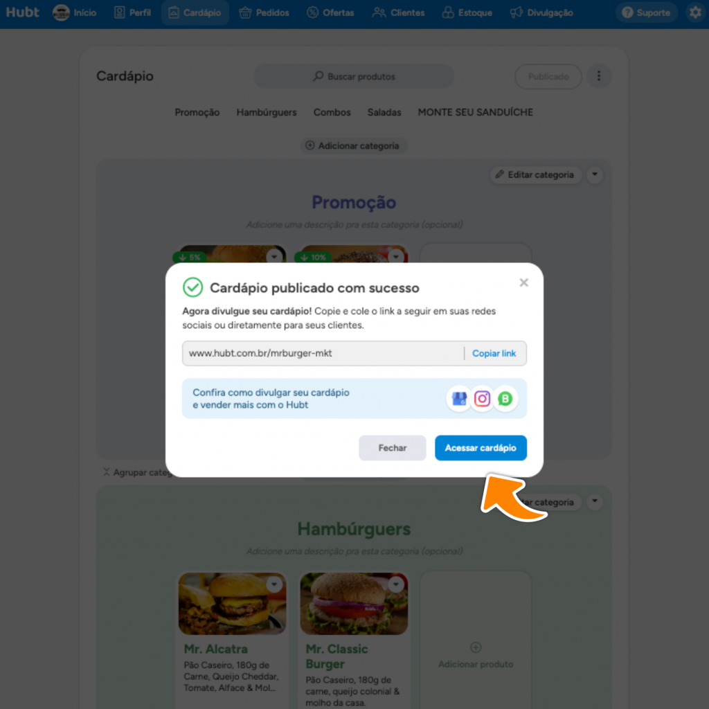 Caixa Cardápio publicado com sucesso, com o link do cardápio para copiar e compartilhar