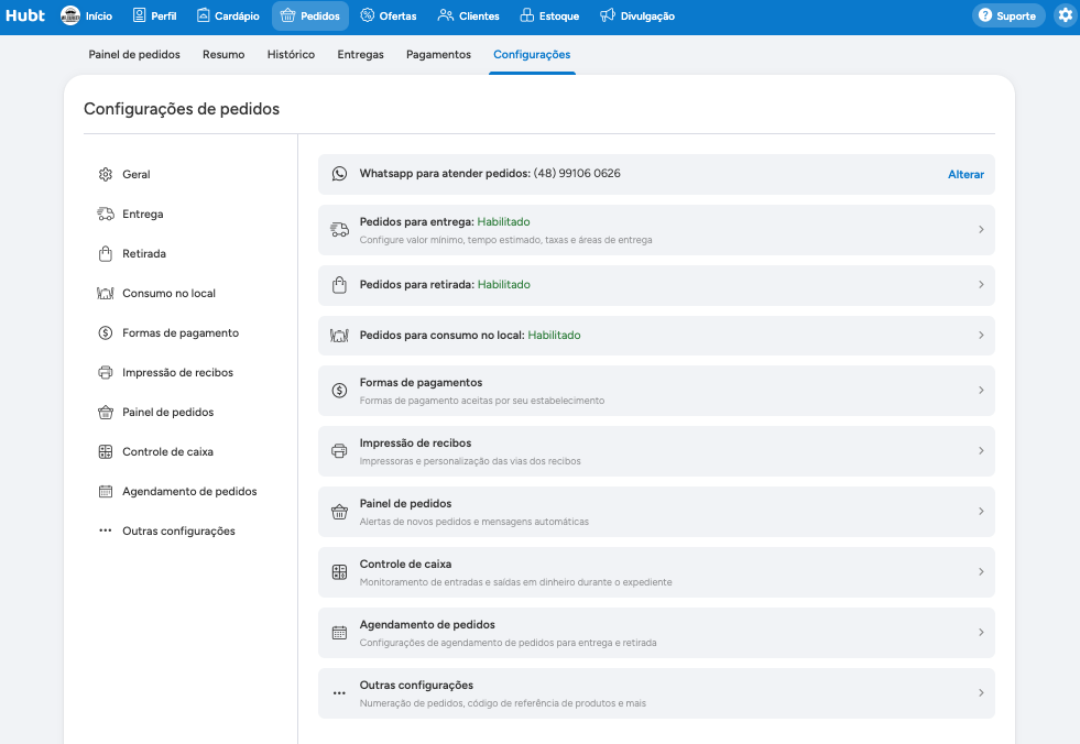 Seção Outras configurações, com a lista das demais opções