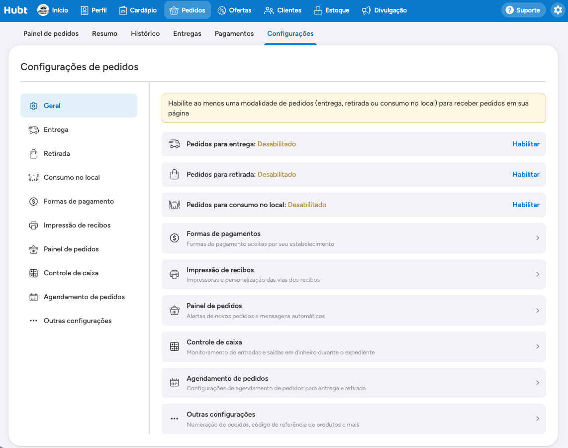 Configurações de pedidos com a lista de seções e o menu lateral