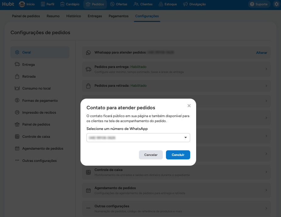 Janela Contato para atender pedidos, com o número de WhatsApp