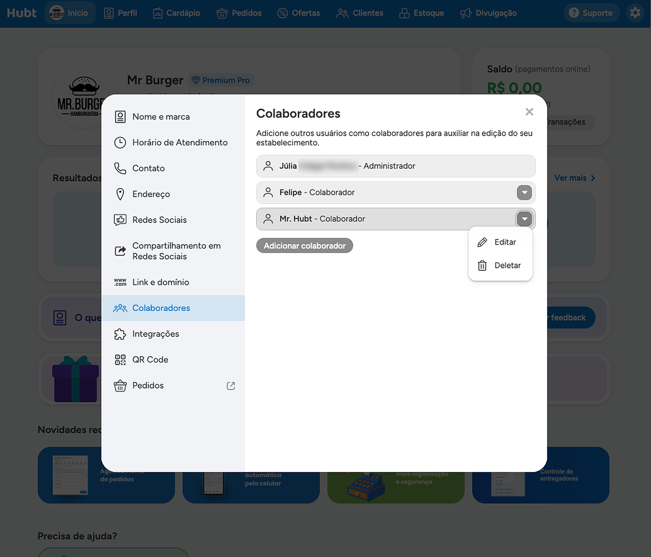 Menu da setinha aberto na lista de colaboradores, com as opções Editar e Deletar