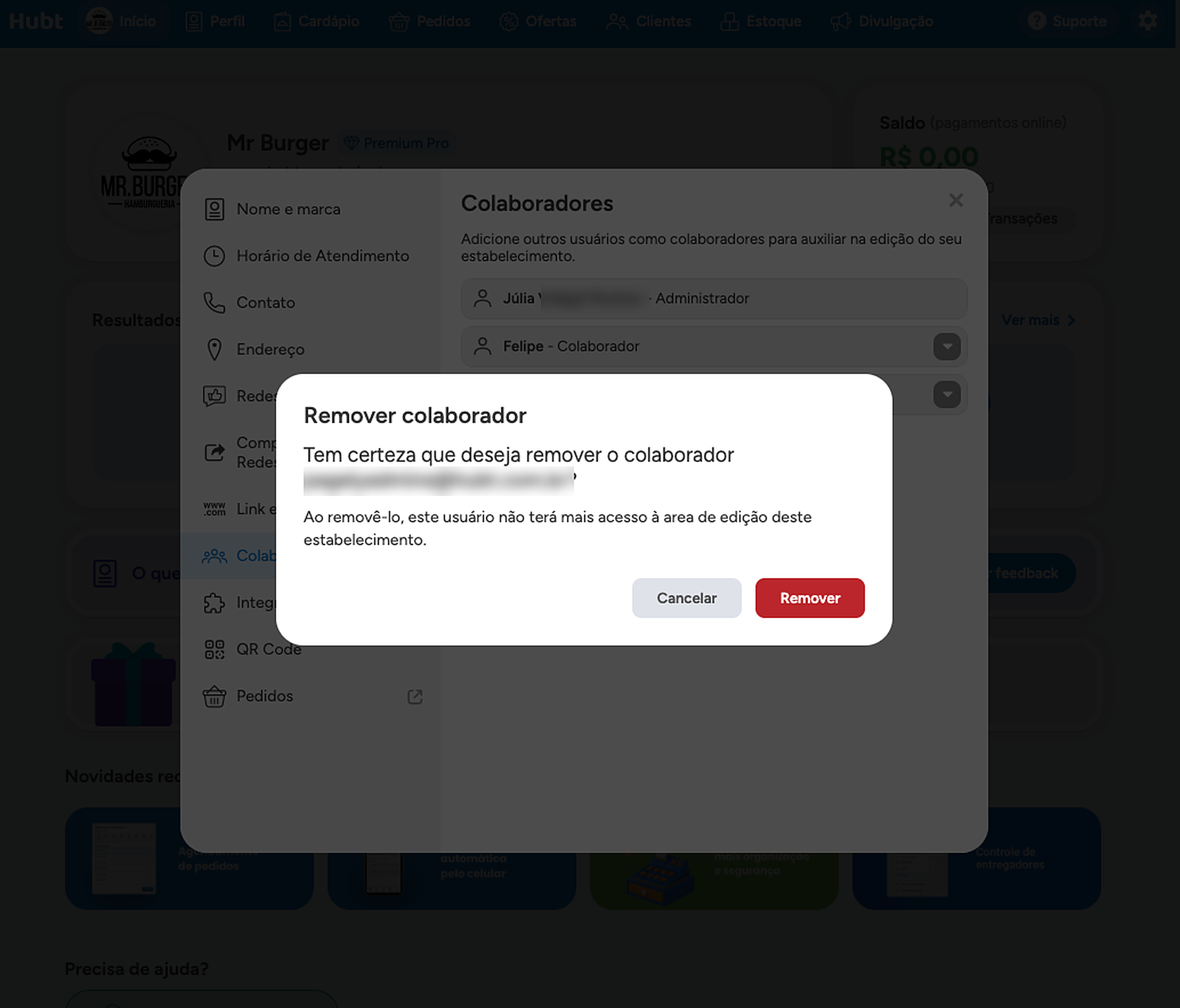 Janela Remover colaborador, pedindo a confirmação antes de tirar o acesso
