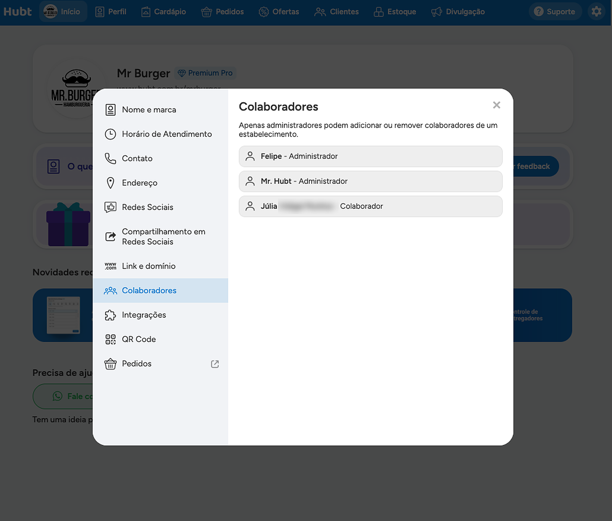 Tela Colaboradores vista por quem entrou como colaborador, com o aviso de que só administradores podem adicionar ou remover