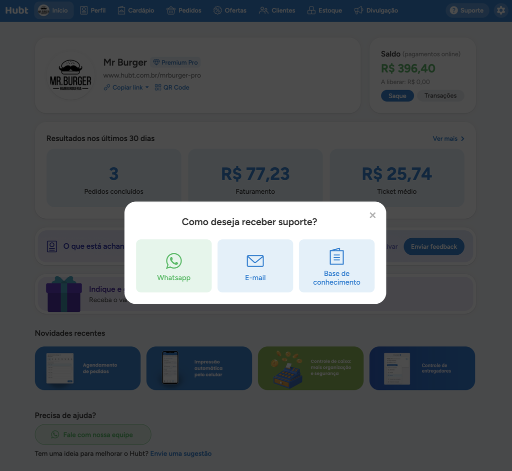 Janela Como deseja receber suporte, com as opções Whatsapp, E-mail e Base de conhecimento