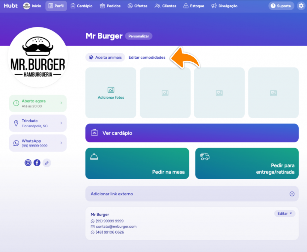 Página Perfil no painel do Hubt com o botão Editar comodidades destacado ao lado das etiquetas