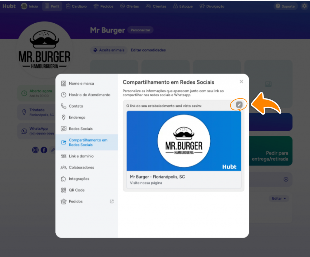 Aba Compartilhamento em Redes Sociais no Hubt com a prévia do cartão e o lápis de editar destacado