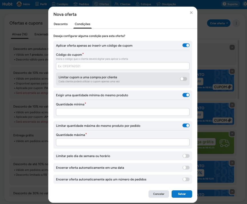 Aba Condições da oferta, com o código de cupom, a quantidade mínima e a quantidade máxima