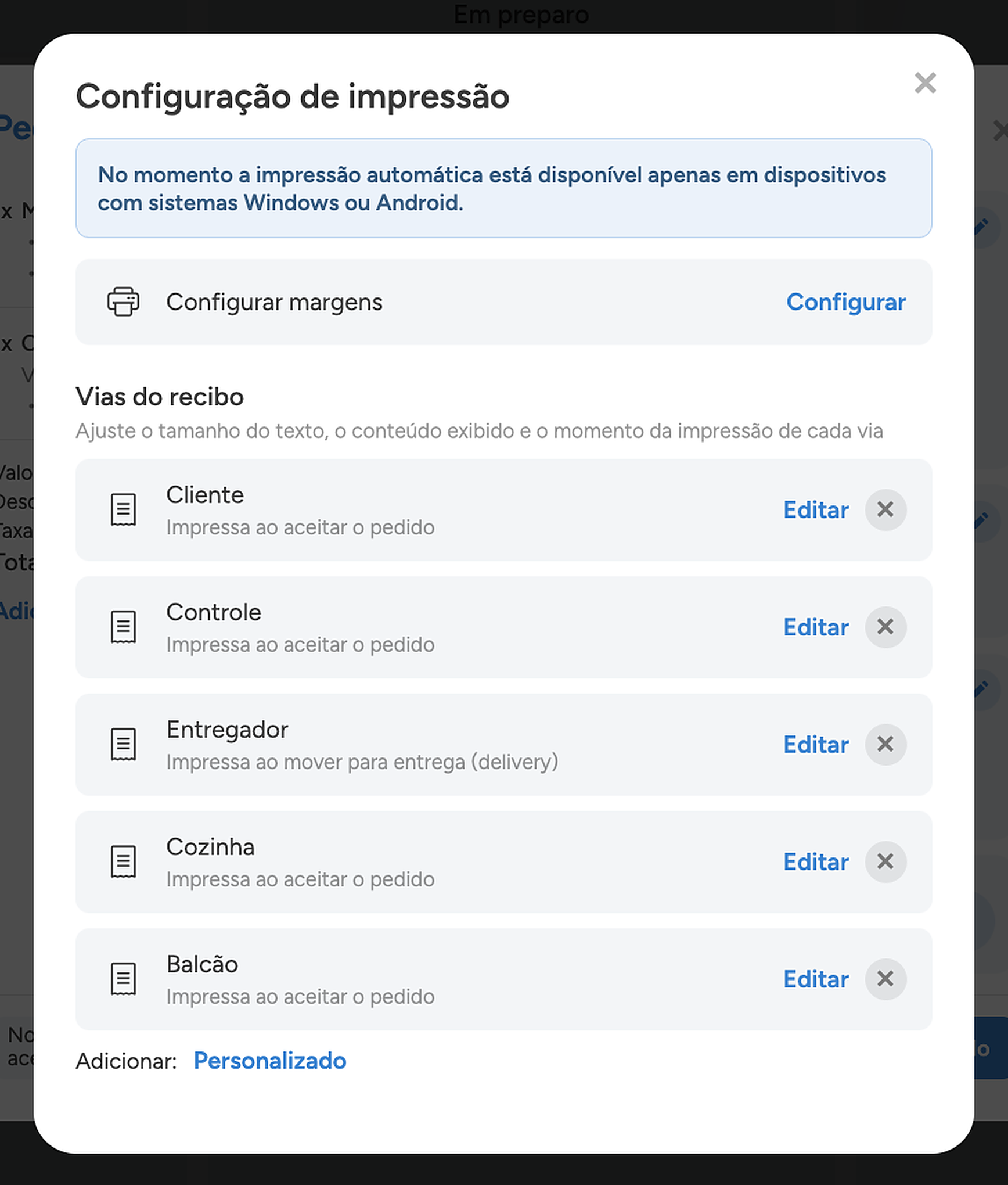 Janela Configuração de impressão aberta a partir do pedido, com as margens e as vias do recibo