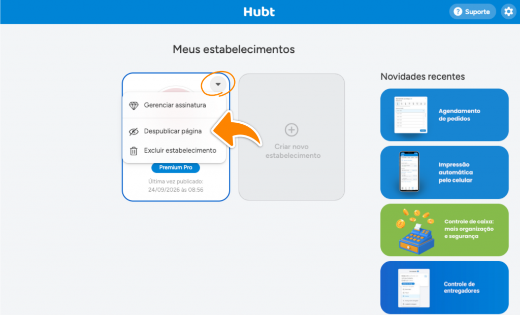 Tela Meus estabelecimentos com a setinha destacada e o menu aberto em Gerenciar assinatura, Despublicar página e Excluir estabelecimento