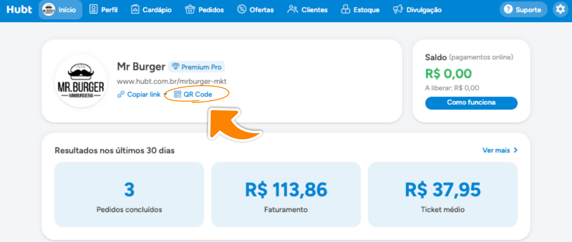 Tela de Início com a marcação laranja no botão QR Code, ao lado do link do estabelecimento