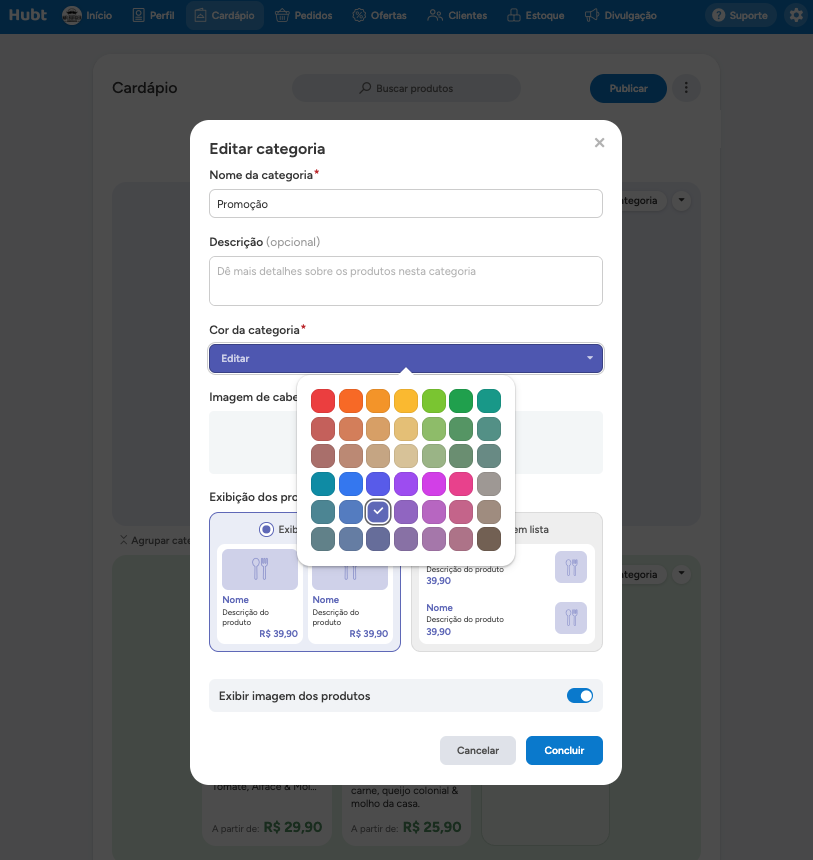 Janela Editar categoria com a paleta de cores da categoria aberta
