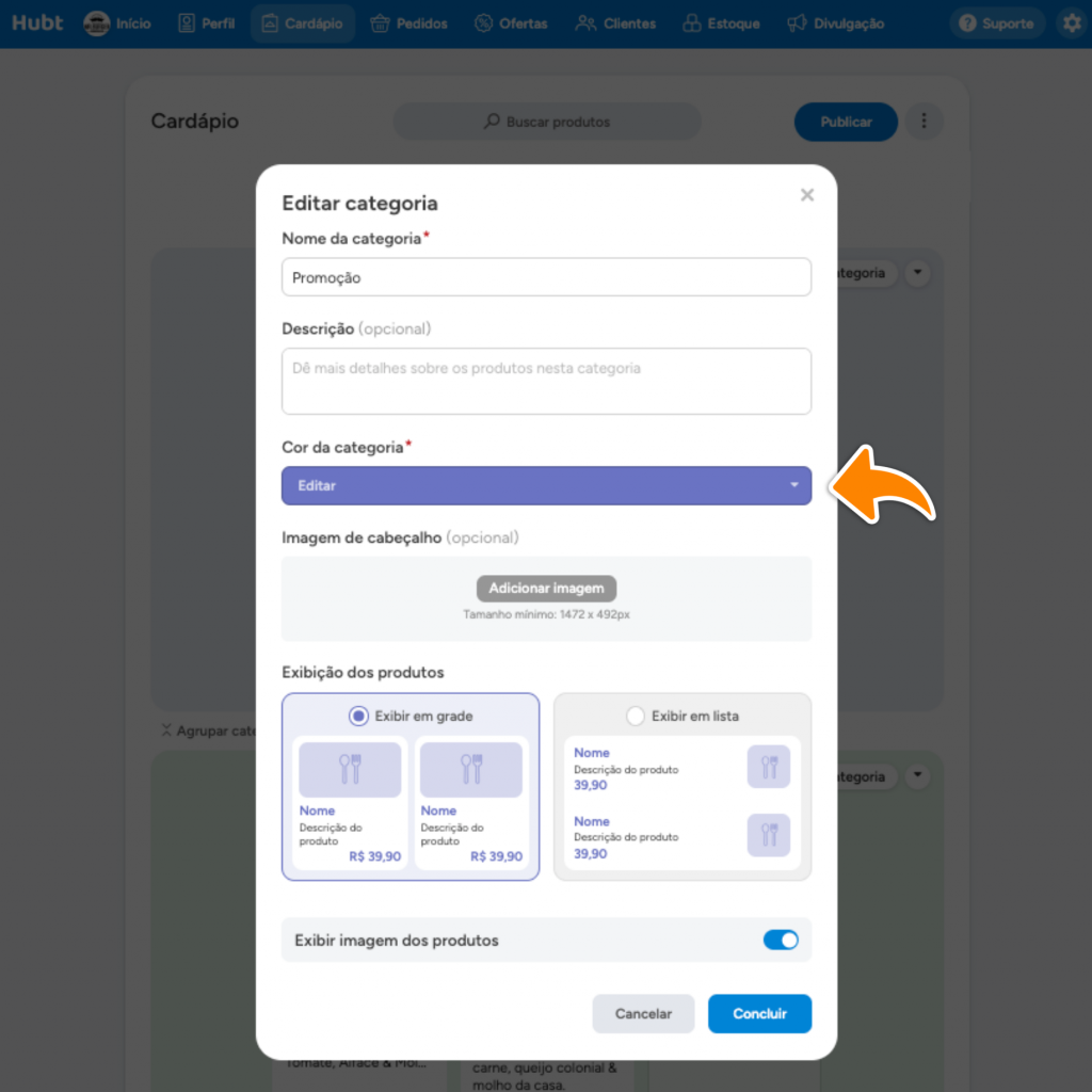 Janela Editar categoria com a seta laranja apontando para o campo Cor da categoria