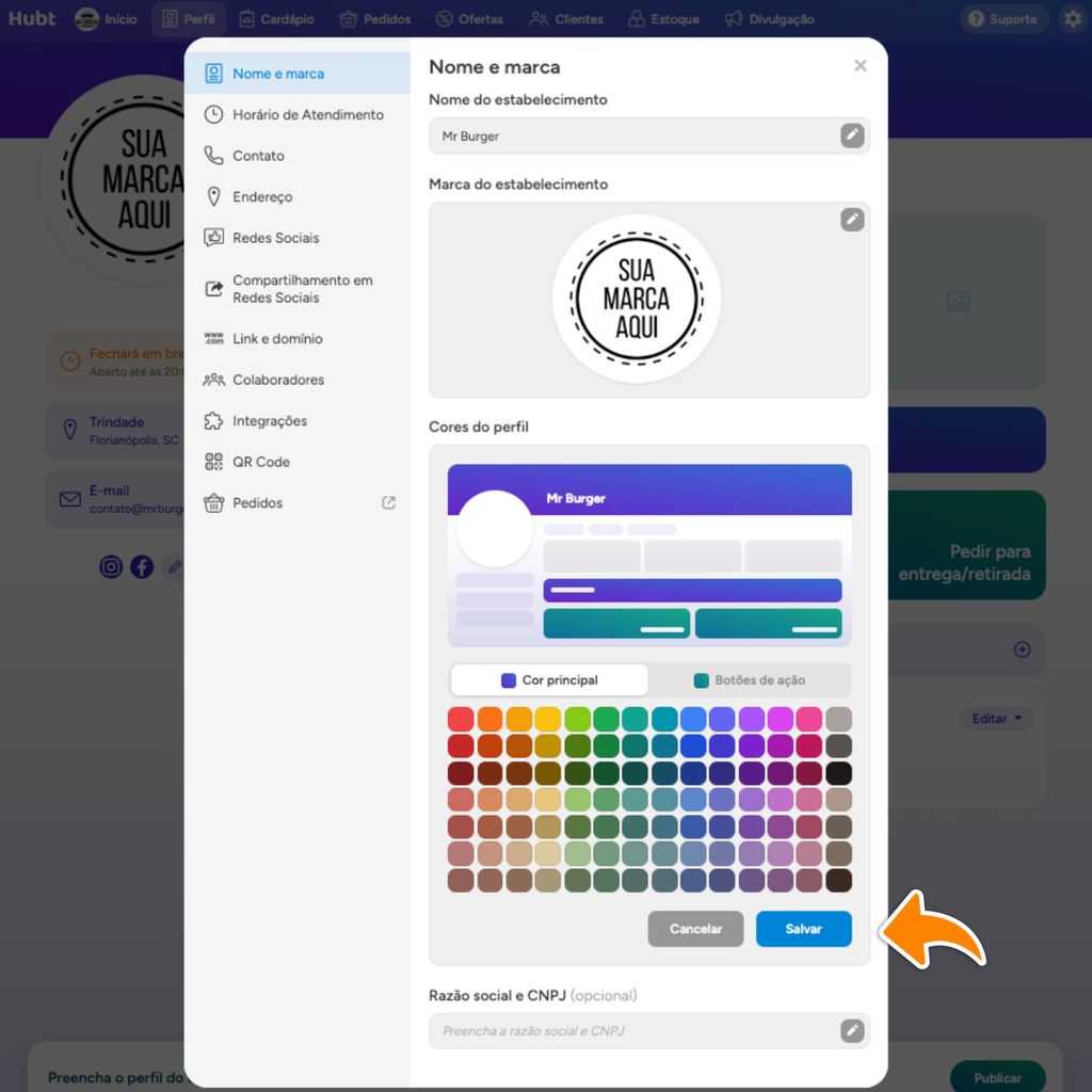 Bloco Cores do perfil aberto, com a prévia da página, as abas Cor principal e Botões de ação e a paleta de cores