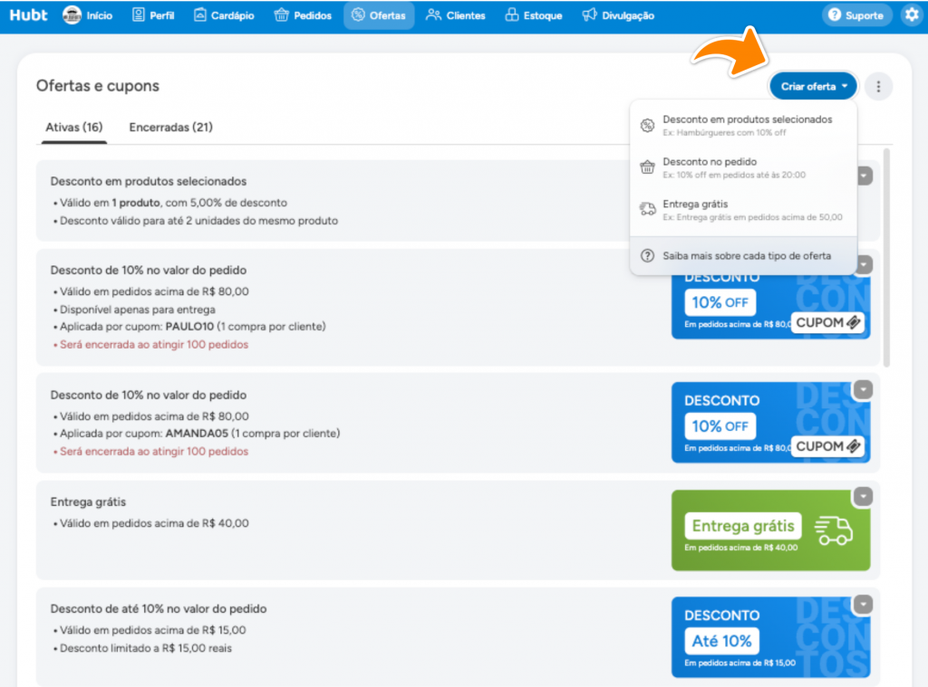 Menu do botão Criar oferta aberto, com os três tipos e o link Saiba mais sobre cada tipo de oferta