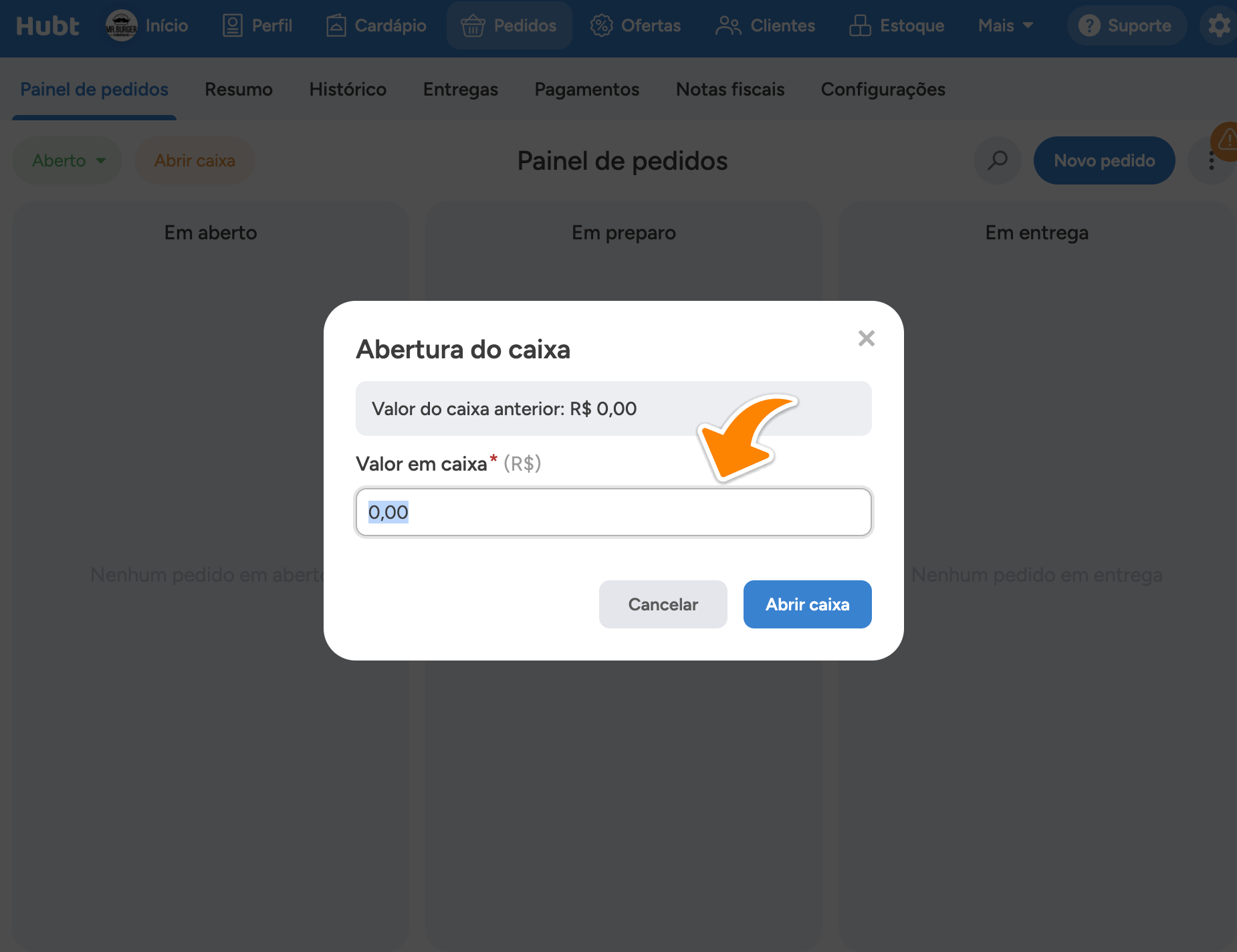 Janela Abertura do caixa, com a seta apontando para o campo Valor em caixa