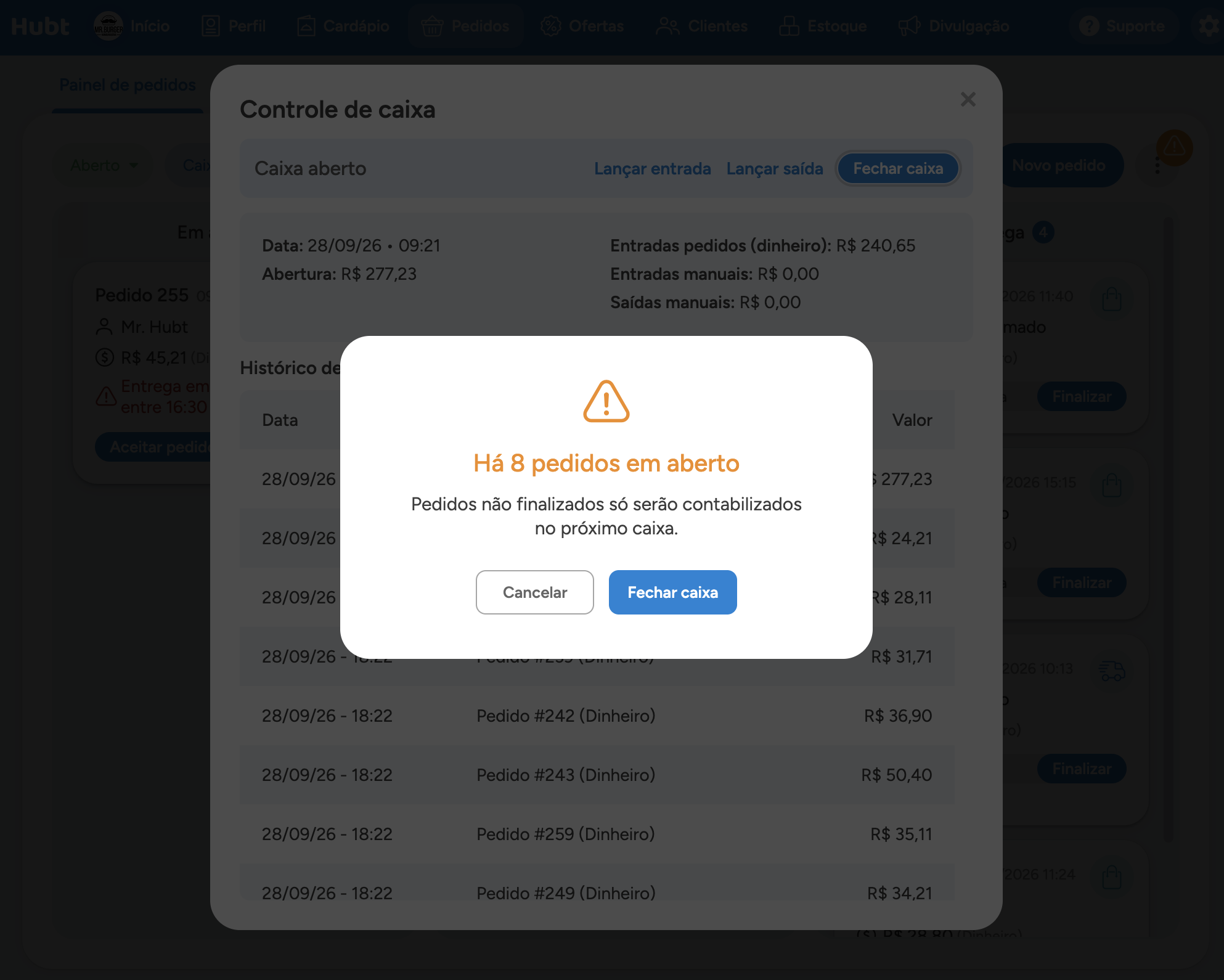 Aviso de pedidos em aberto que aparece ao fechar o caixa