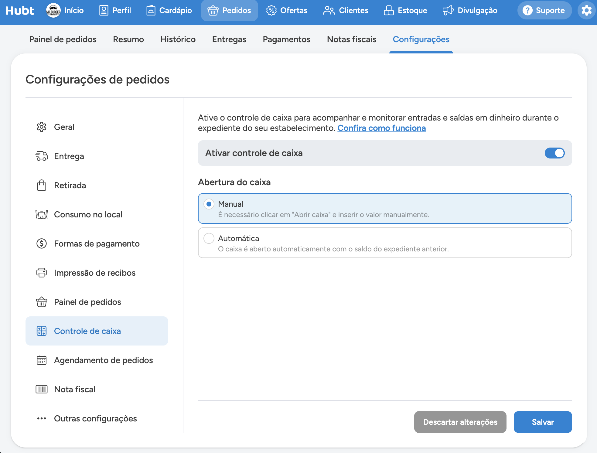 Seção Controle de caixa nas configurações, com a chave ativada e as opções Manual e Automática