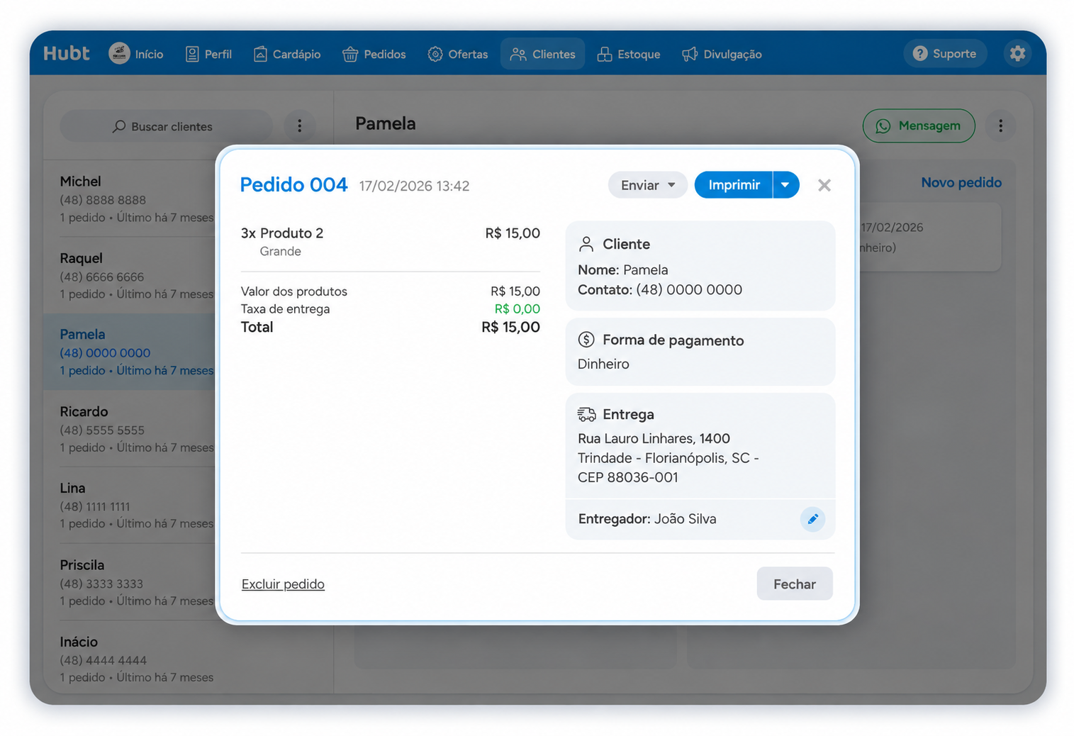 Janela de um pedido aberta a partir da ficha do cliente, com itens, pagamento e entrega