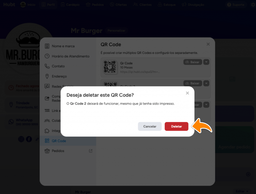 Aviso Deseja deletar este QR Code, com a seta laranja no botão Deletar