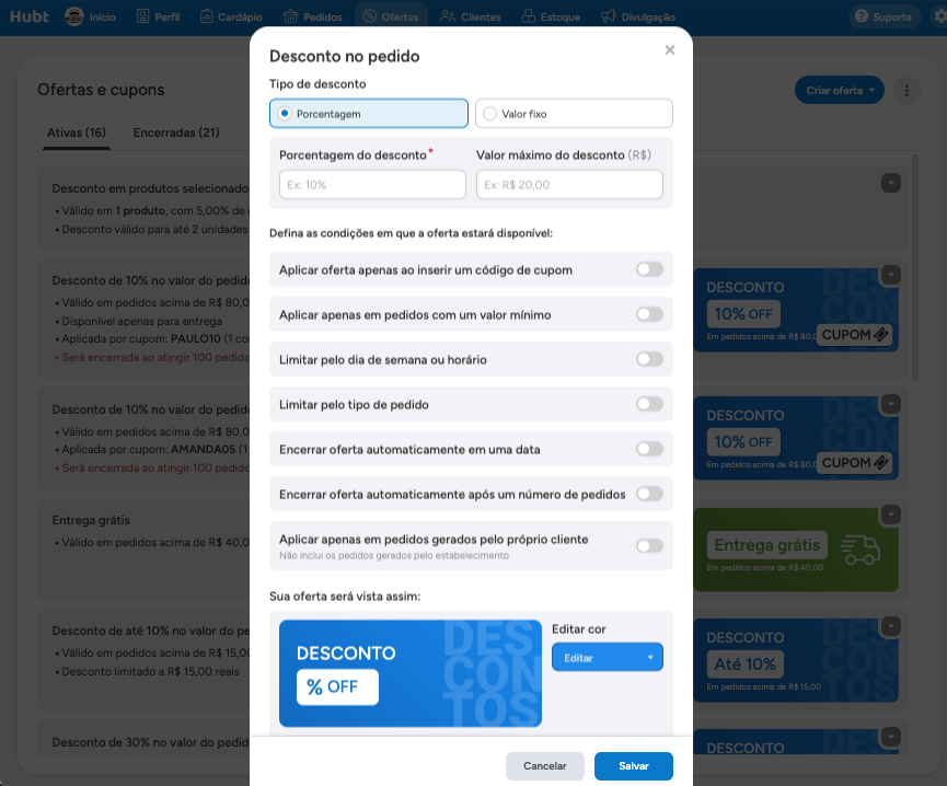 Janela Desconto no pedido com a porcentagem do desconto, o valor máximo e a lista de condições