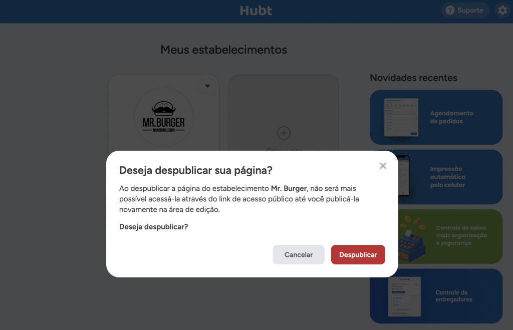 Janela Deseja despublicar sua página, com o aviso de que o link público para de funcionar e o botão Despublicar