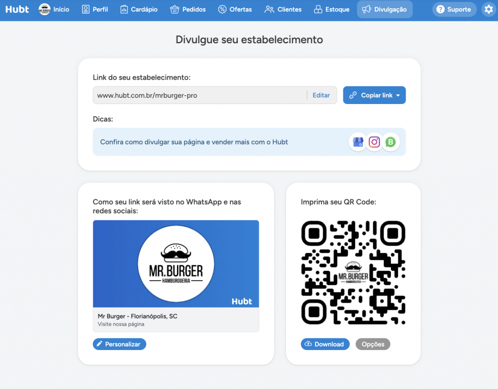 Tela de Divulgação inteira, com o link do estabelecimento, o bloco de dicas, a prévia do cartão e o QR Code