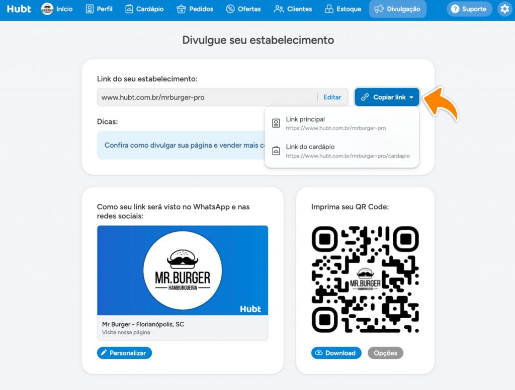 Botão Copiar link aberto na tela de Divulgação, com as opções Link principal e Link do cardápio
