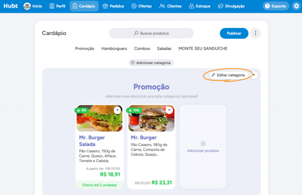Cardápio com o botão Editar categoria destacado no cabeçalho da categoria