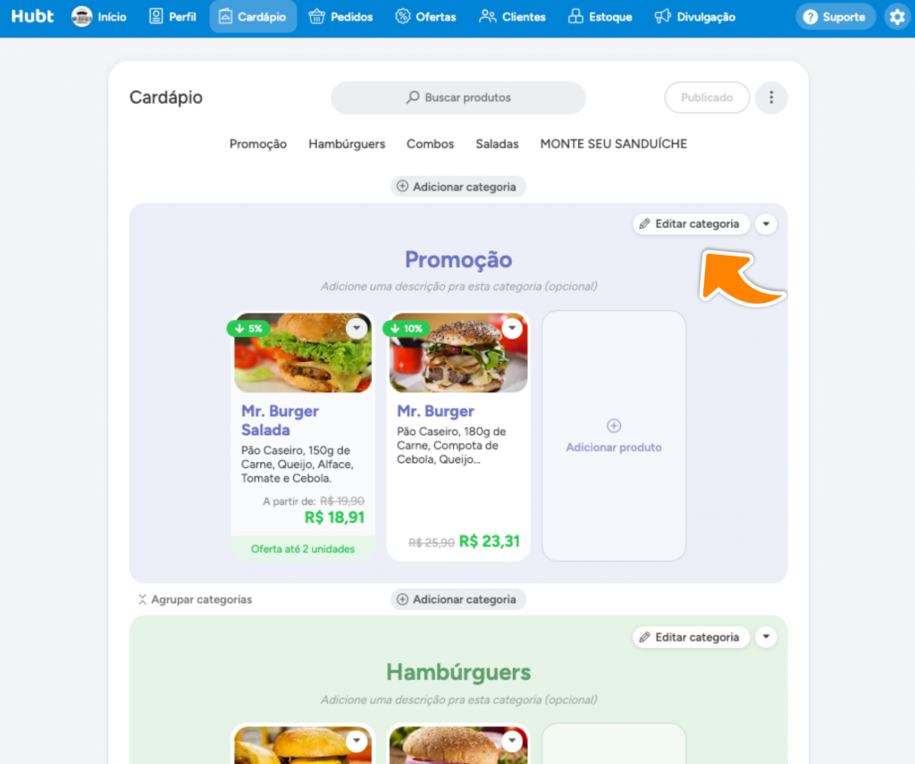 Cardápio com o botão Editar categoria em destaque na faixa da categoria Promoção
