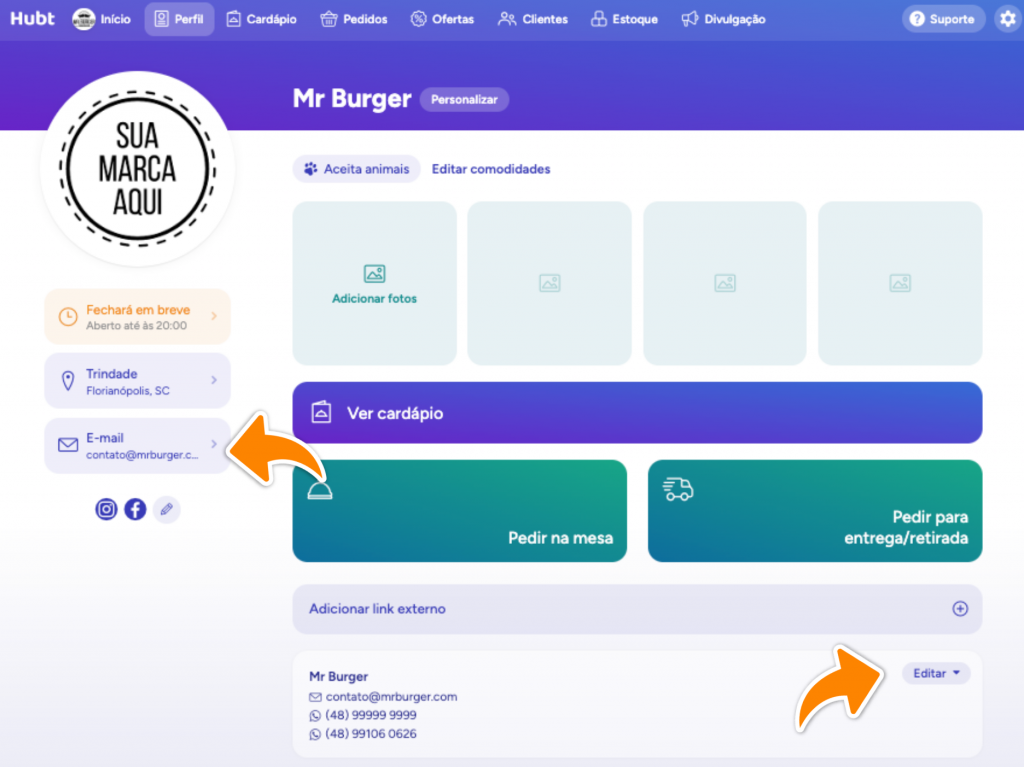 Perfil com as setas laranjas apontando para o card de contato na coluna da esquerda e para o botão Editar do bloco de contatos