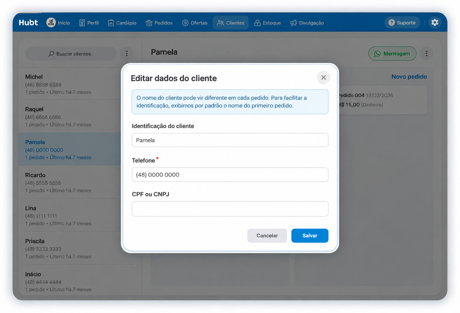 Janela Editar dados do cliente com os campos Identificação do cliente, Telefone e CPF ou CNPJ