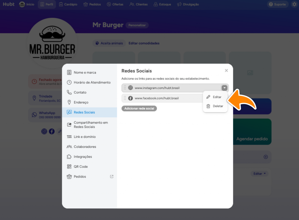 Linha de uma rede social aberta para edição, com o campo do link e os botões Deletar, Cancelar e Salvar