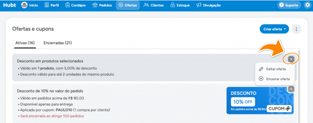 Setinha do cartão da oferta aberta, com Editar oferta e Encerrar oferta