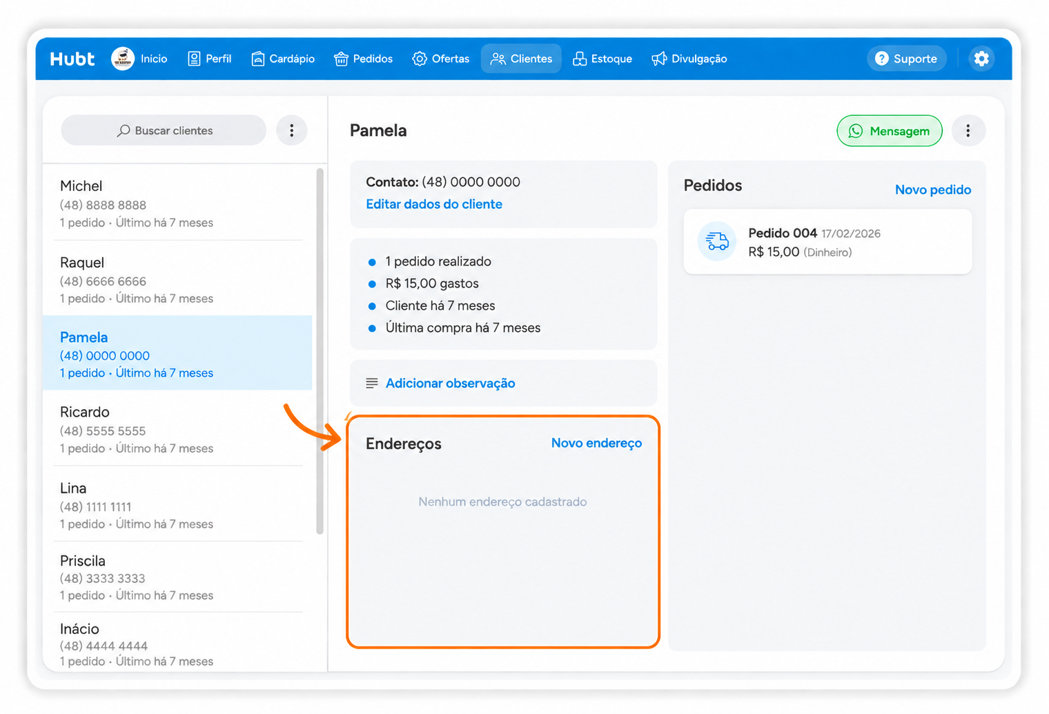 Bloco Endereços da ficha do cliente, com o link Novo endereço