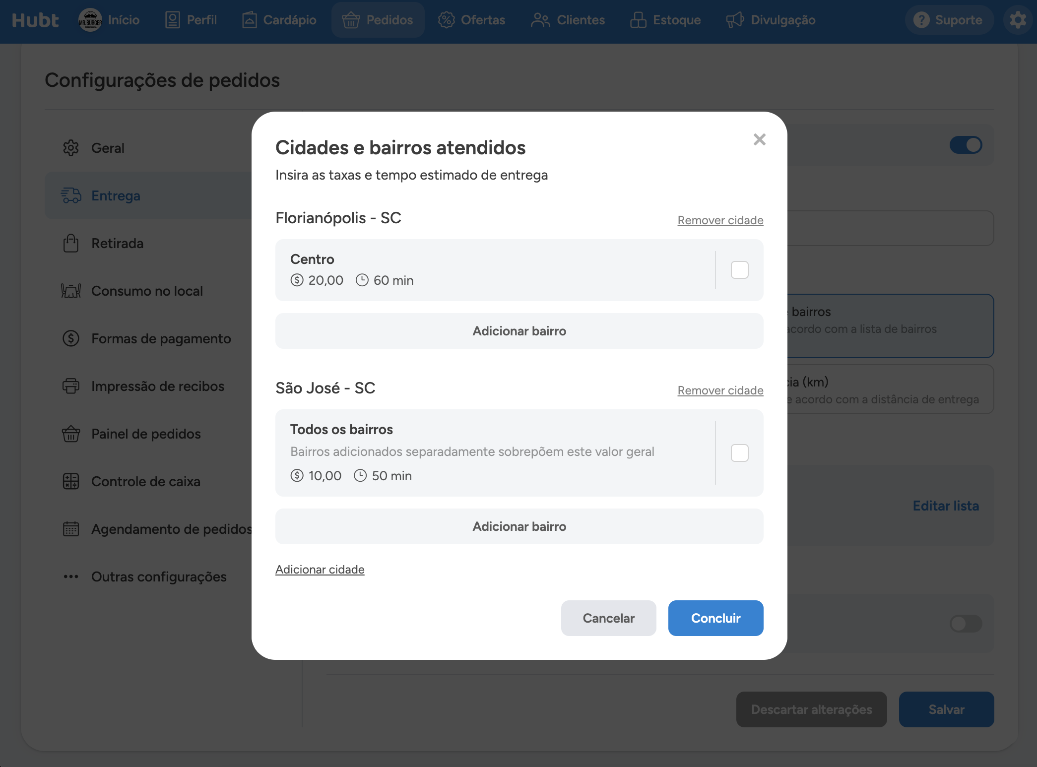 Janela Cidades e bairros atendidos, com as cidades, os bairros e as taxas de cada um