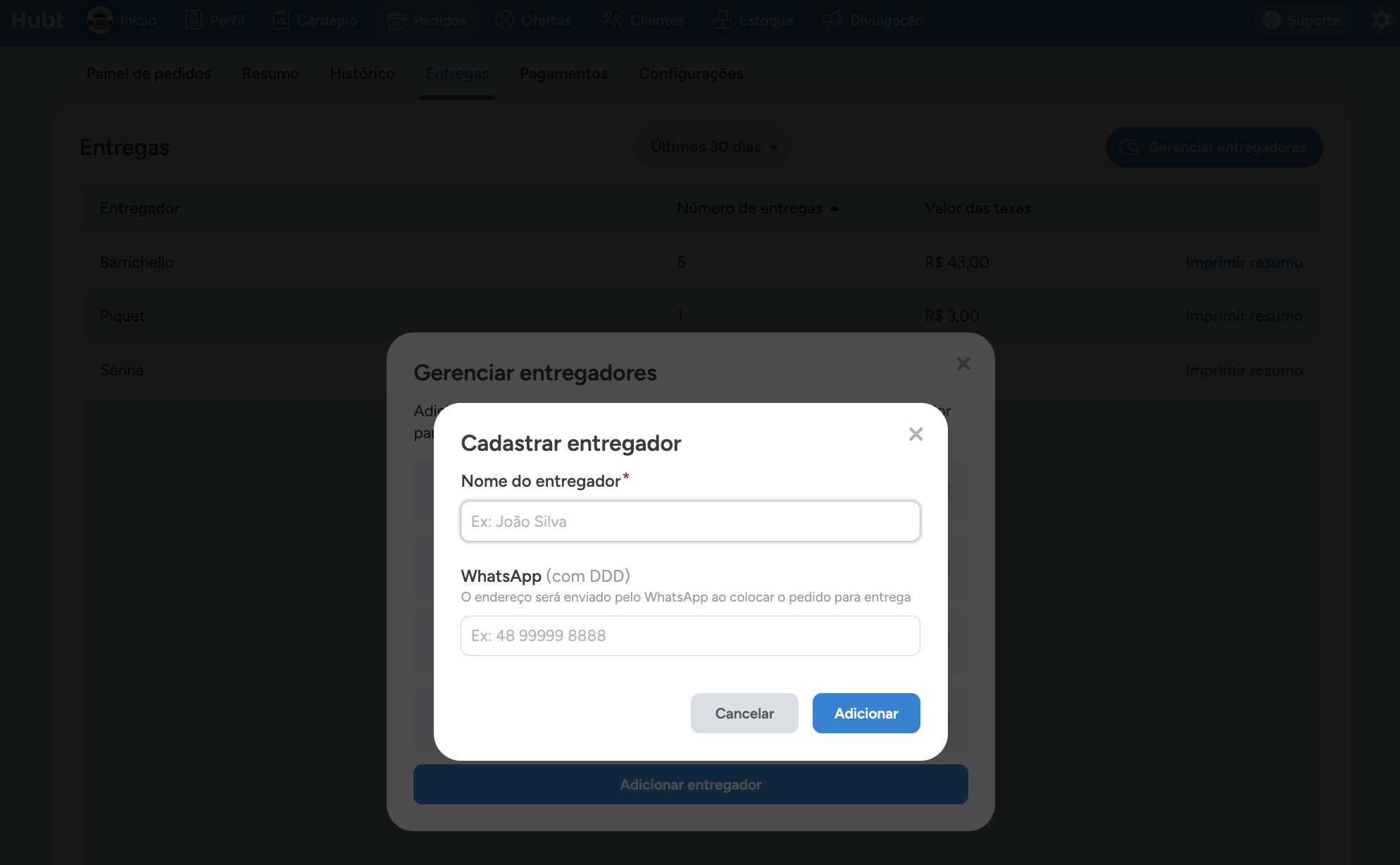 Janela Cadastrar entregador com os campos de nome e WhatsApp
