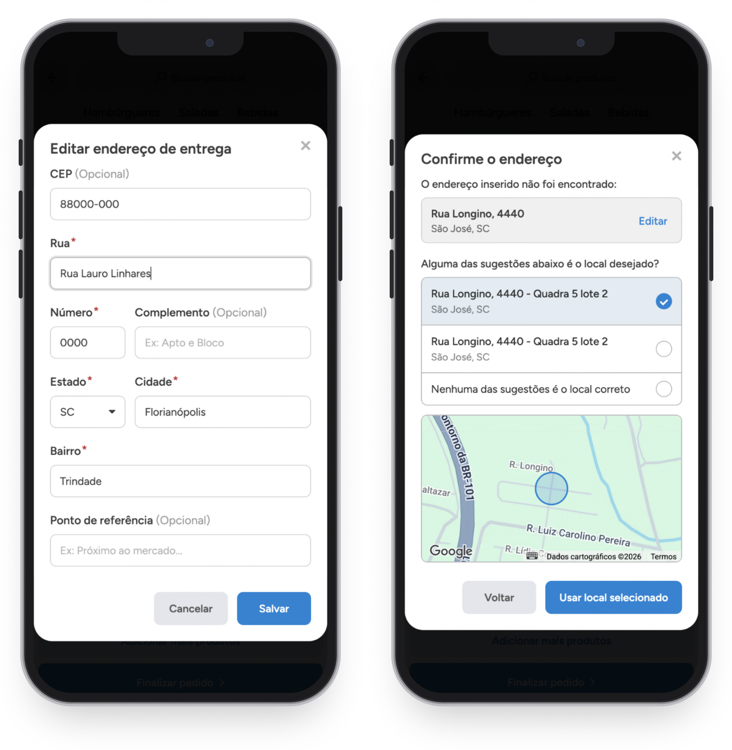 Duas telas do cliente no celular: o formulário de endereço de entrega e a tela de confirmação do endereço