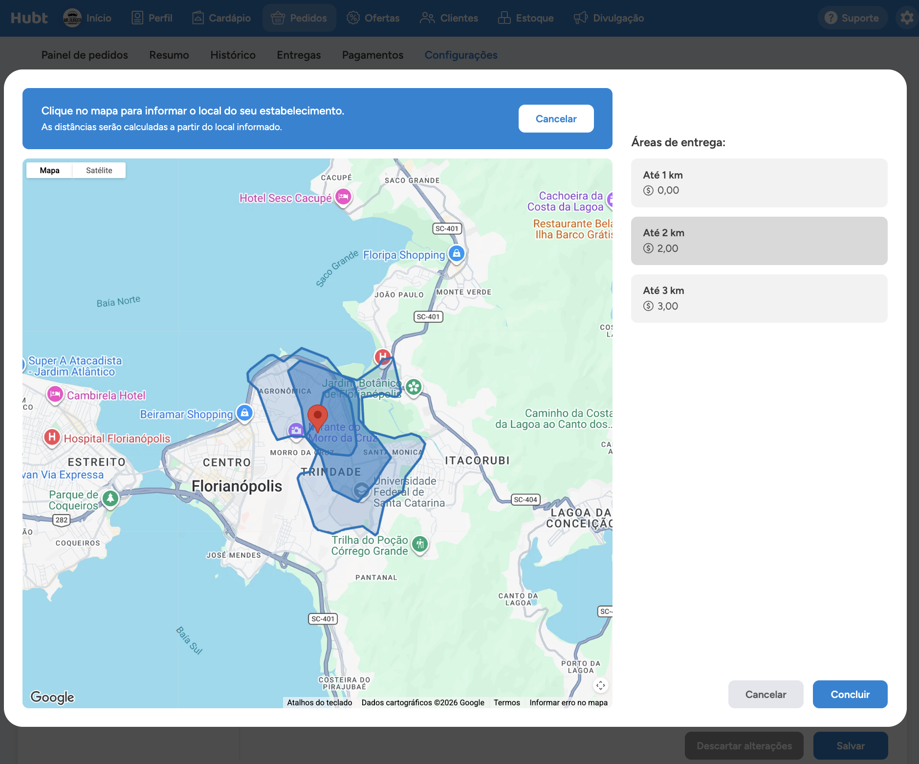 Janela de distâncias com o aviso para clicar no mapa e informar o local do estabelecimento