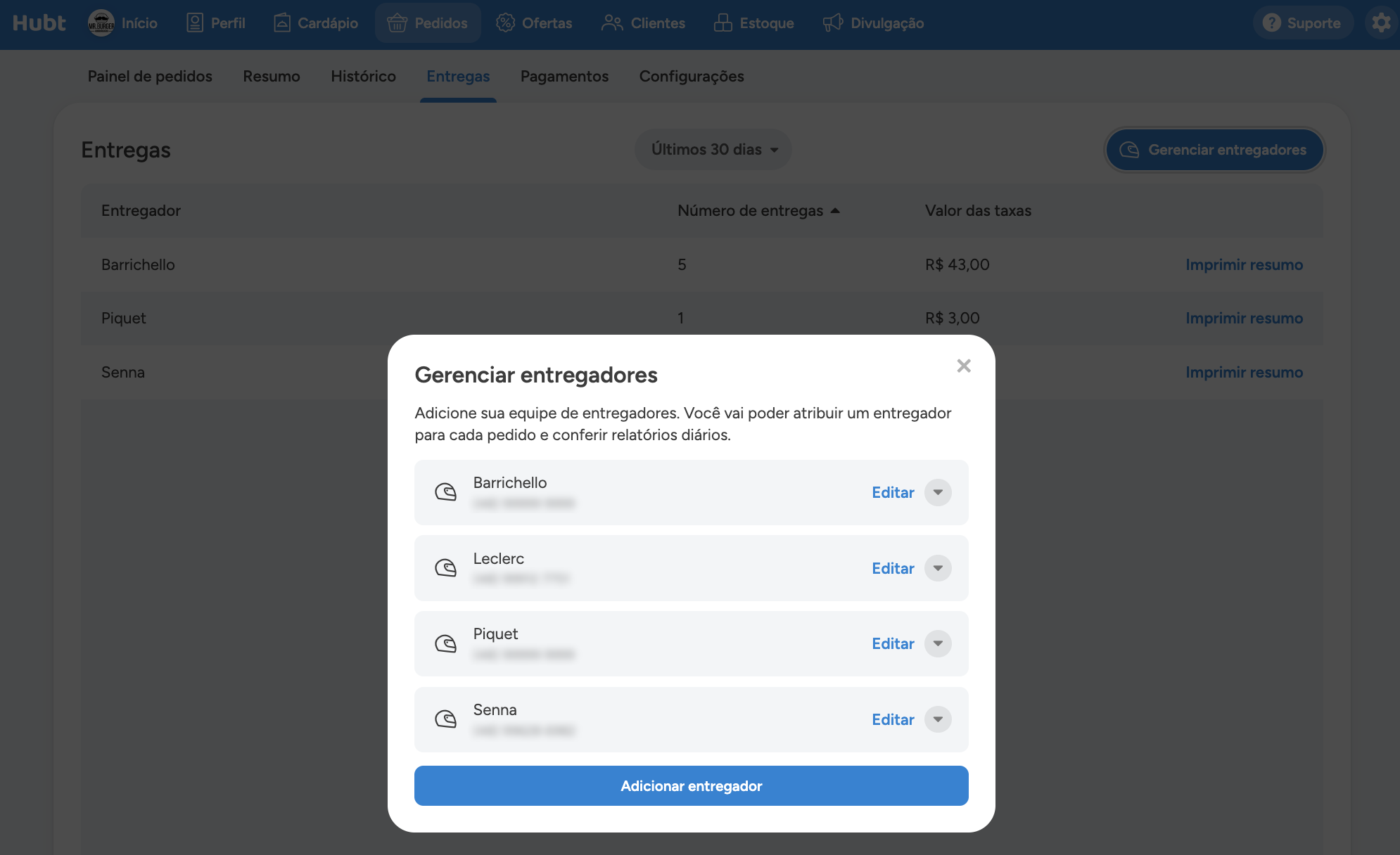 Janela Gerenciar entregadores com a lista cadastrada