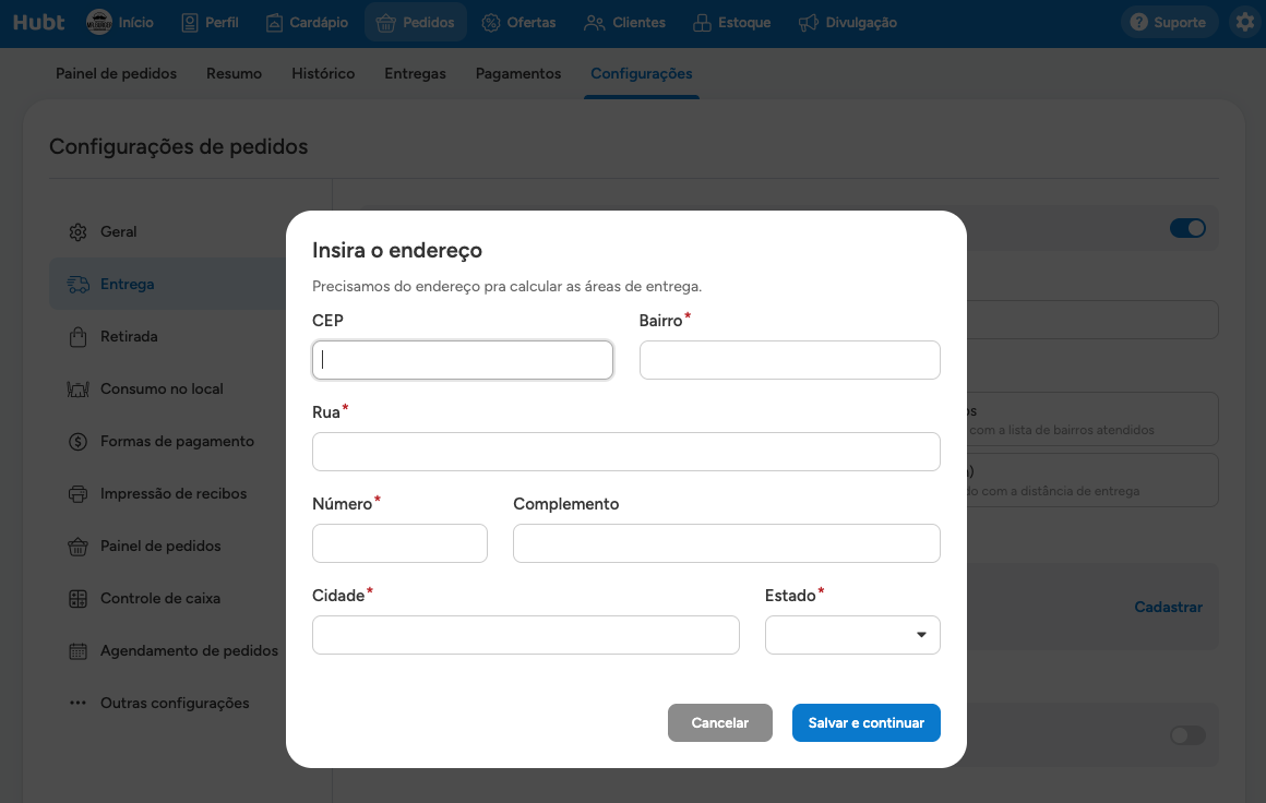 Janela Inserir o endereço para calcular as áreas de entrega no mapa