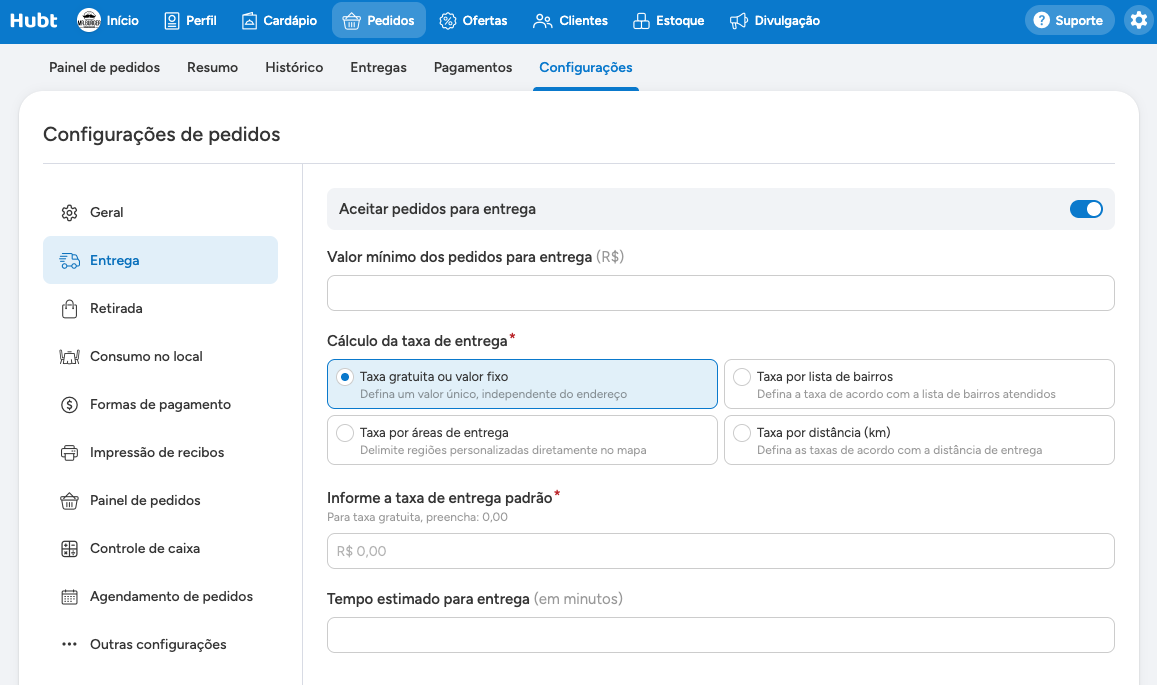 Cálculo da taxa com Taxa gratuita ou valor fixo escolhido