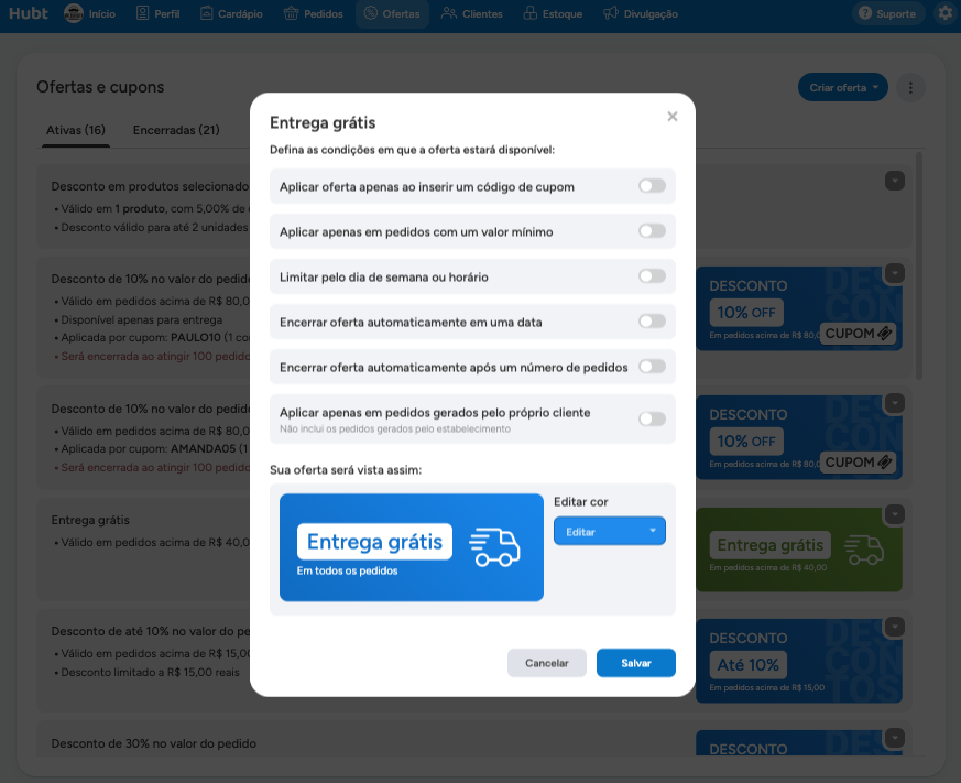 Janela Entrega grátis, com a lista de condições e a arte verde da oferta