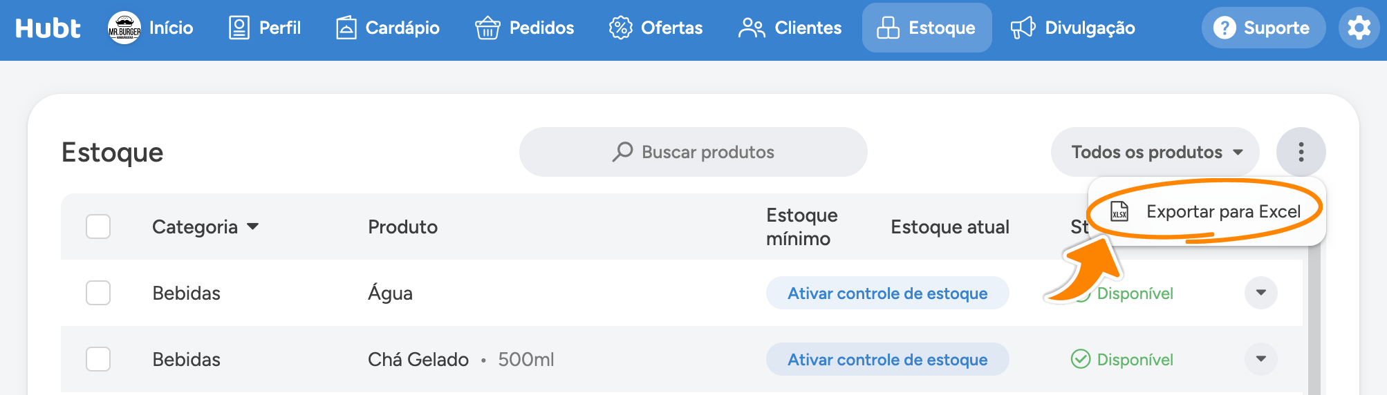 Menu dos três pontos do estoque aberto, com Exportar para Excel marcado